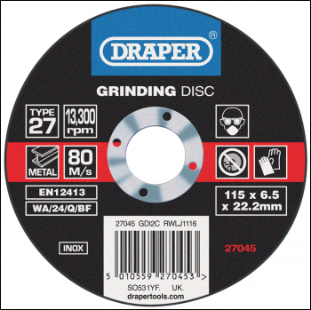 DRAPER INO x Grinding Disc (115 x 6.5 x 22.2mm) - Pack Qty 1 - Code: 27045