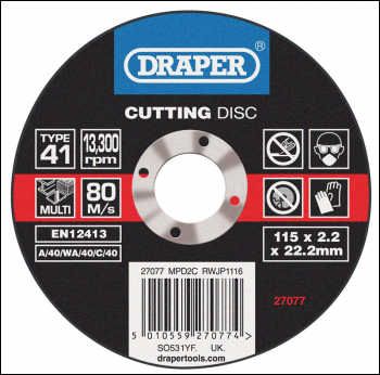 DRAPER Multi-Purpose Cutting Disc, 115 x 1.6 x 22.2mm - Pack Qty 1 - Code: 27077