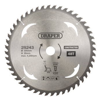 Draper SBC9 TCT Construction Circular Saw Blade, 305 x 30mm, 48T - Code: 28243 - Pack Qty 1