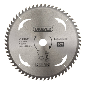 Draper SBC10 TCT Construction Circular Saw Blade, 305 x 30mm, 60T - Code: 28362 - Pack Qty 1