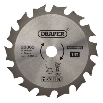 Draper SBM1 TCT Multi-Purpose Circular Saw Blade, 165 x 20mm, 14T - Code: 28363 - Pack Qty 1