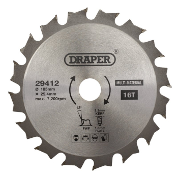 Draper SBM3 TCT Multi-Purpose Circular Saw Blade, 185 x 25.4mm, 16T - Code: 29412 - Pack Qty 1