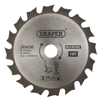 Draper SBM5 TCT Multi-Purpose Circular Saw Blade, 210 x 30mm, 16T - Code: 30438 - Pack Qty 1
