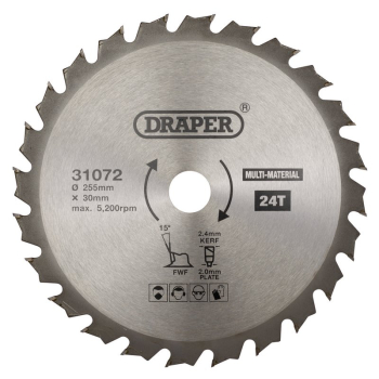 Draper SBM7 TCT Multi-Purpose Circular Saw Blade, 255 x 30mm, 24T - Code: 31072 - Pack Qty 1