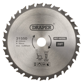 Draper SBM8 TCT Multi-Purpose Circular Saw Blade, 255 x 30mm, 28T - Code: 31550 - Pack Qty 1