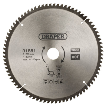 Draper SBTCG1 TCT Triple Chip Grind Circular Saw Blade, 255 x 30mm, 80T - Code: 31881 - Pack Qty 1