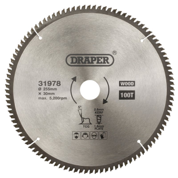 Draper SBTCG2 TCT Triple Chip Grind Circular Saw Blade, 255 x 30mm, 100T - Code: 31978 - Pack Qty 1
