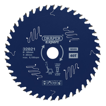 Draper SBE1 Draper Expert TCT Circular Saw Blade for Wood with PTFE Coating, 165 x 20mm, 40T - Code: 32821 - Pack Qty 1