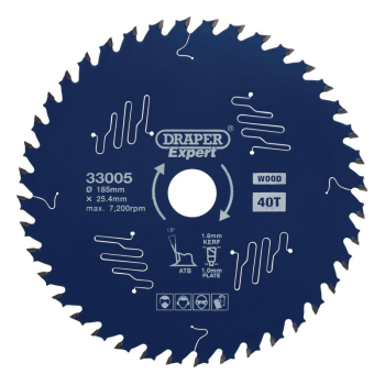 Draper SBE2 Draper Expert TCT Circular Saw Blade for Wood with PTFE Coating, 185 x 25.4mm, 40T - Code: 33005 - Pack Qty 1