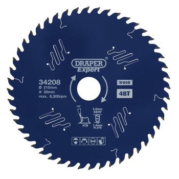 Draper SBE3 Draper Expert TCT Circular Saw Blade for Wood with PTFE Coating, 210 x 30mm, 48T - Code: 34208 - Pack Qty 1