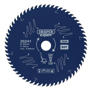 Draper SBE5 Draper Expert TCT Circular Saw Blade for Wood with PTFE Coating, 250 x 30mm, 60T - Code: 35241 - Pack Qty 1