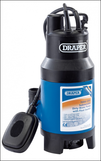 DRAPER 235L/Min 230V Submersible Dirty Water Pump with and Float Switch (700W) - Pack Qty 1 - Code: 35467