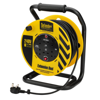 Defender E86515 230V 4-Way Industrial Trade Cable Extension Reel, 50m - E86515 - Code: 36396 - Pack Qty 1