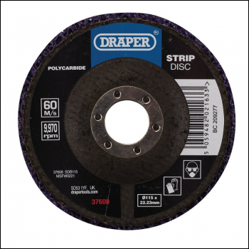 Draper SDP115 Polycarbide Strip Disc, 115mm, 22.23mm, 180 Grit, Purple - Code: 37608 - Pack Qty 1