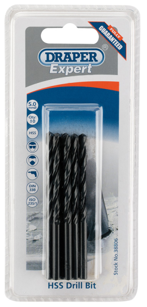Draper H29MC Draper Expert HSS Drill Bit, 5.0 x 185mm (Pack of 10) - Code: 38806 - Pack Qty 1