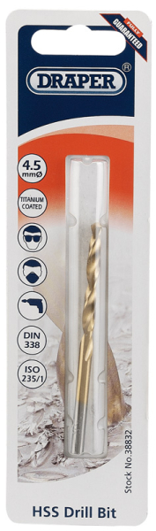 Draper TH29MC HSS Titanium Drill Bit, 4.5 x 180mm - Code: 38832 - Pack Qty 1