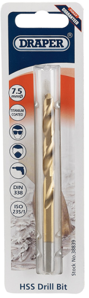 Draper TH29MC HSS Titanium Drill Bit, 7.5 x 180mm - Code: 38839 - Pack Qty 1