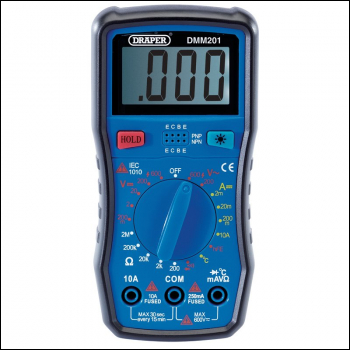 Draper DMM201 Manual-Ranging Digital Multimeter, 1 x Test Leads, 1 x Temp Probe - Code: 41818 - Pack Qty 1