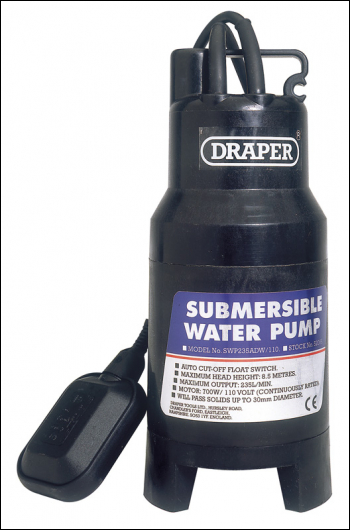 DRAPER 235L/Min 110V Submersible Dirty Water Pump with Float Switch (700W) - Pack Qty 1 - Code: 52066