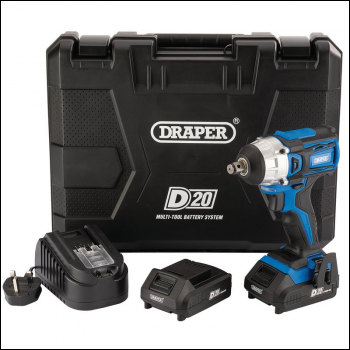 Draper D20IW250SET D20 20V Brushless Impact Wrench, 1/2 inch  Sq. Dr., 250Nm, 2 x 2.0Ah Batteries, 1 x Charger - Code: 55343 - Pack Qty 1