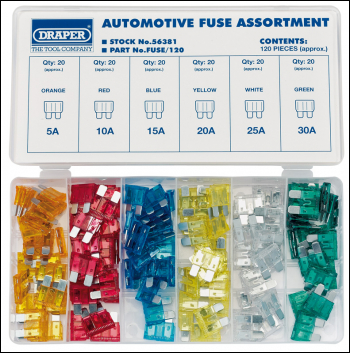 Draper FUSE/120 Standard Automotive Plug-In Fuse Assortment (120 Piece) - Code: 56381 - Pack Qty 1