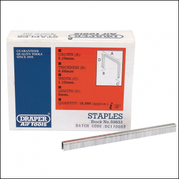 Draper AAS8 Staples, 8mm  (Pack of 10000) - Code: 59833 - Pack Qty 1