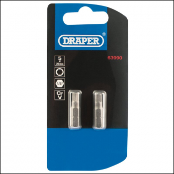 Draper 25HX/2/B Hexagonal Insert Bit, 5mm, 1/4 inch  Hex, 25mm Long (Pack of 2) - Code: 63990 - Pack Qty 1
