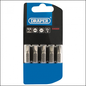 Draper 25PS/5/B Plain Slot Insert Bit, 5.5mm, 1/4 inch  Hex, 25mm Long (Pack of 5) - Code: 64009 - Pack Qty 1