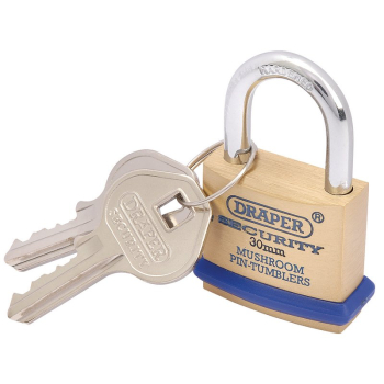 Draper 8302/30 Solid Brass Padlock and 2 Keys with Mushroom Pin Tumblers Hardened Steel Shackle and Bumper, 30mm - Code: 64160 - Pack Qty 1