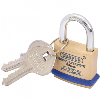Draper 8302/30 Solid Brass Padlock and 2 Keys with Mushroom Pin Tumblers Hardened Steel Shackle and Bumper, 30mm - Code: 64160 - Pack Qty 1