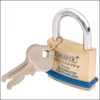 Draper 8302/40 Solid Brass Padlock and 2 Keys with Mushroom Pin Tumblers Hardened Steel Shackle and Bumper, 40mm - Code: 64161 - Pack Qty 1