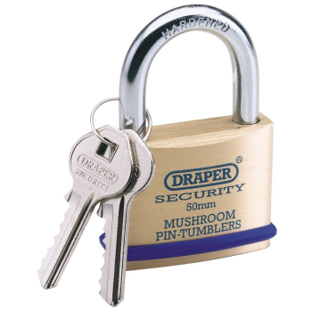 Draper 8302/50 Solid Brass Padlock and 2 Keys with Mushroom Pin Tumblers Hardened Steel Shackle and Bumper, 50mm - Code: 64162 - Pack Qty 1