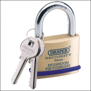 Draper 8302/50 Solid Brass Padlock and 2 Keys with Mushroom Pin Tumblers Hardened Steel Shackle and Bumper, 50mm - Code: 64162 - Pack Qty 1