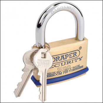 Draper 8302/60 Solid Brass Padlock and 2 Keys with Mushroom Pin Tumblers Hardened Steel Shackle and Bumper, 60mm - Code: 64163 - Pack Qty 1