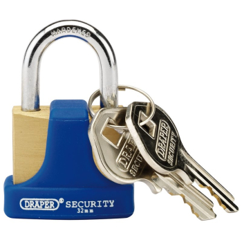 Draper 8303/32 Solid Brass Padlock and 2 Keys with Hardened Steel Shackle and Bumper, 32mm - Code: 64164 - Pack Qty 1