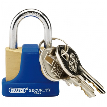 Draper 8303/32 Solid Brass Padlock and 2 Keys with Hardened Steel Shackle and Bumper, 32mm - Code: 64164 - Pack Qty 1