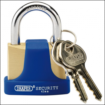 Draper 8303/42 Solid Brass Padlock and 2 Keys with Hardened Steel Shackle and Bumper, 42mm - Code: 64165 - Pack Qty 1