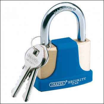 Draper 8303/52 Solid Brass Padlock and 2 Keys with Hardened Steel Shackle and Bumper, 52mm - Code: 64166 - Pack Qty 1