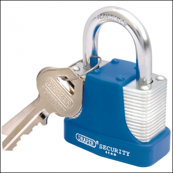 Draper 8308/44 Laminated Steel Padlock and 2 Keys with Hardened Steel Shackle and Bumper, 44mm - Code: 64181 - Pack Qty 1