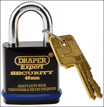 DRAPER Heavy Duty Padlock and 2 Keys with Super Tough Molybdenum Steel Shackle, 46mm - Pack Qty 1 - Code: 64192