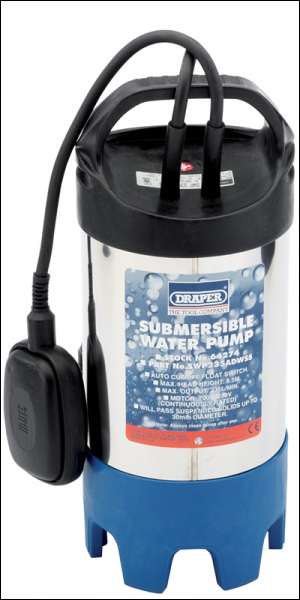DRAPER 235L/Min Stainless Steel Body Submersible Dirty Water Pump with Float Switch (700W) - Pack Qty 1 - Code: 64274