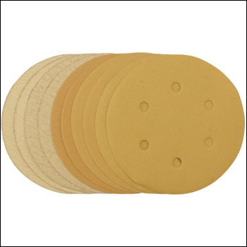 Draper SDHALG150 Gold Sanding Discs with Hook & Loop, 150mm, Assorted Grit - 120G, 180G, 240G, 320G, 400G, 6 Dust Extraction Holes (Pack of 10) - Code: 64284 - Pack Qty 1