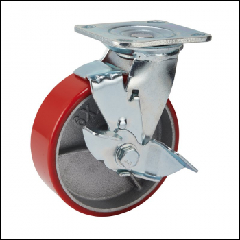 Draper 606160PB Swivel Plate Fixing Heavy Duty Polyurethane Wheel with Brake, 160mm Diameter, S.W.L. 400kg - Code: 65530 - Pack Qty 1