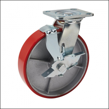 Draper 606200PB Swivel Plate Fixing Heavy Duty Polyurethane Wheel with Brake, 200mm Diameter, S.W.L. 500kg - Code: 65533 - Pack Qty 1