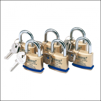 Draper 8302/40/KA Solid Brass Padlocks with Hardened Steel Shackle, 40mm (Pack of 6) - Code: 67659 - Pack Qty 1