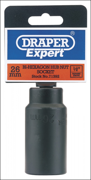 DRAPER Hub Nut Impact Socket, 1/2 inch  Sq. Dr., 26mm - Pack Qty 1 - Code: 71392