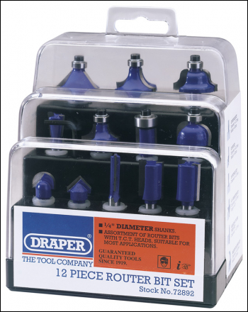 Draper DRB12A TCT Router Bit Set, 1/4 inch  (12 Piece) - Code: 72892 - Pack Qty 1