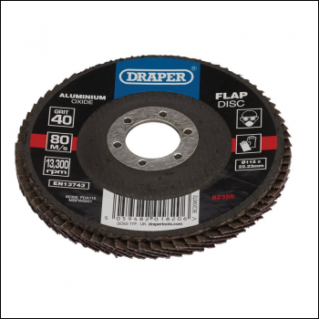 Draper FDA115 Aluminium Oxide Flap Disc, 115 x 22.23mm, 40 Grit - Code: 82356 - Pack Qty 1