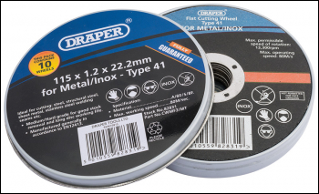 DRAPER Flat Metal Cutting Wheels, 115 x 22.2 x 1.2mm (Pack of 10) - Pack Qty 1 - Code: 82831