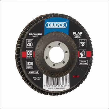 Draper FDZ115 Zirconium Oxide Flap Disc, 115 x 22.23mm, 40 Grit - Code: 83157 - Pack Qty 1